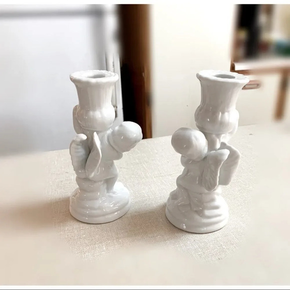 Vintage White Ceramic Angel/Cherub Candlestick Holders - Pair - Picture 4 of 4